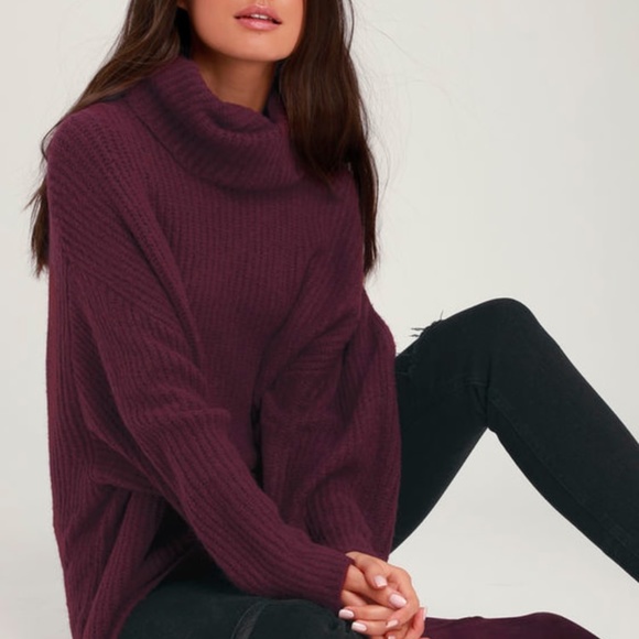 New! Cowl-Neck Knit Turtleneck Tunic Sweater / Dusty Deep Purple / Wool - Picture 9 of 10